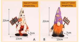 Detail of Halloween gnomes with Happy Halloween signs and pumpkin wizard hats
