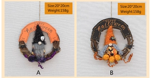 Detail of Halloween gnome wreath featuring festive orange and black pumpkin hat and banner