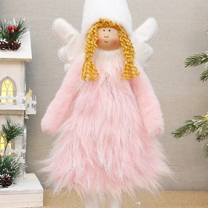 Pink plush Christmas angel doll with retractable legs and white wings for festive decor