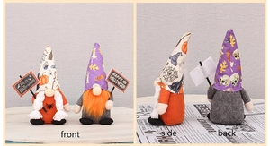 Detailed views of handmade Halloween gnomes with spider web and skull patterned tall hats