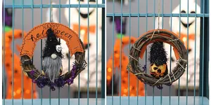 Front and back views of a Halloween gnome wreath featuring a black sequin hat and spiders