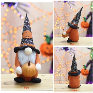 Three-view detail of a plush Halloween gnome with spider web hat and pumpkin accents