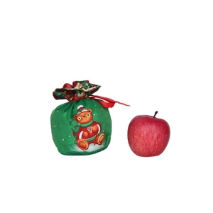Green Christmas gift bag with a cute bear pattern and red ribbon drawstring closure