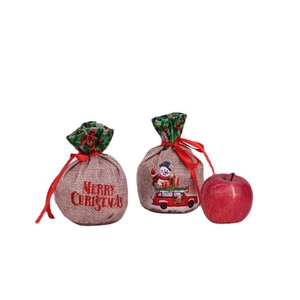 Christmas burlap drawstring gift bags with snowman prints and red ribbons, 2-pack set