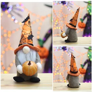 Detailed views of a Halloween gnome plush with pumpkin decor from front side and back angles