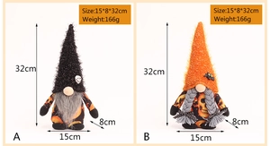 Detailed size view of Halloween gnomes with skull and pumpkin patterns standing 32cm tall