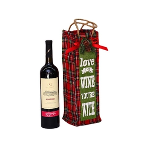 Sac cadeau pour bouteille de vin à carreaux rouges de Noël avec décor de pomme de pin