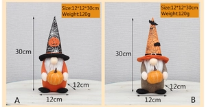 Detail showing two fabric Halloween gnomes with pumpkin and bat motifs, 12x12x30cm size