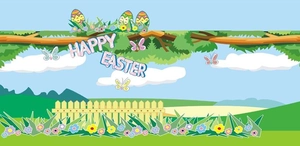 Cartoon Happy Easter backdrop with colorful eggs, floral garden and spring branches