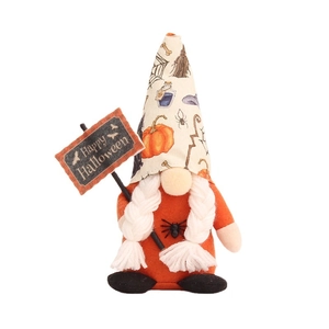 Halloween gnome plush with Happy Halloween sign and orange spider theme for festive decor