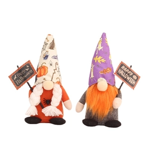 Standing Halloween gnomes plush set with Happy Halloween signs and pointed hats