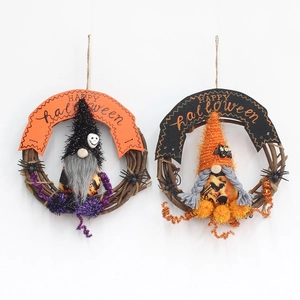 Halloween gnome wreaths with spider and Happy Halloween banner for festive door decor