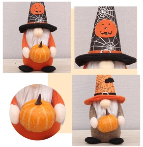 Detailed view of Halloween gnome plush sets with spider web hats, pumpkins, and bat patches