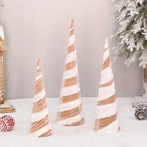 Three-piece fabric wrapped Christmas tree cone set in winter holiday scene setup
