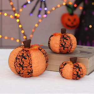 Three-piece fabric Halloween pumpkin set with spider web prints for party decor