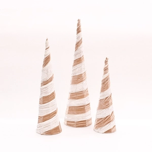Three-piece velvet spiral Christmas tree ornaments with cream and brown striped texture