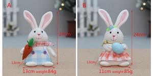 Detail view of plush Easter bunnies holding carrot and egg with specific size dimensions