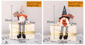 Detail view of Halloween gnome plush dolls with size measurements and weighted base specs