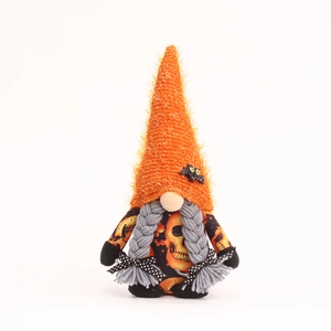 32cm Halloween gnome plush with orange fuzzy hat, bat charm and skull pattern decoration
