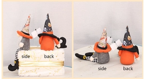 Detail view showing side and back angles of Halloween gnome plush with long striped legs