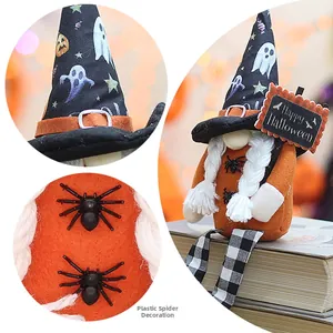 Halloween gnome plush with ghost wizard hat and plastic spider details and long legs