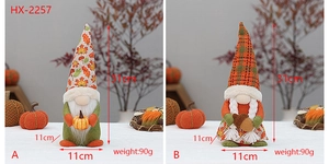 Detailed dimensions of autumn gnome dolls featuring maple leaf hats and harvest accessories