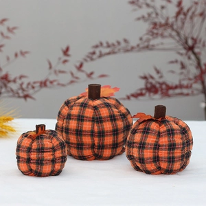 Three-piece checkered fabric pumpkin set for Autumn and Thanksgiving harvest home decor