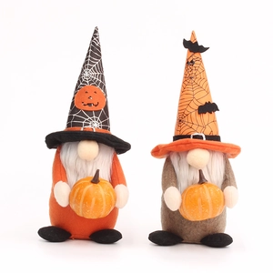 Set of two Halloween plush gnomes with pumpkin, bat and spider web patterned hats