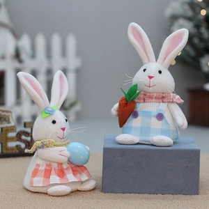 Luminous Easter bunny plush set with plaid outfits, holding colorful eggs and carrots