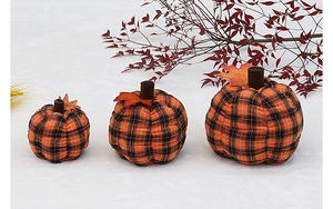 Three-piece checkered fabric pumpkins with brown felt stems and orange maple leaf details