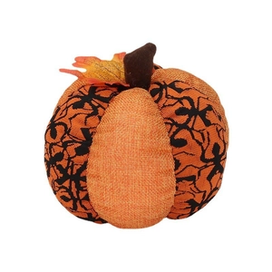 Detail of stitched orange burlap pumpkin with spider web print and yellow maple leaf