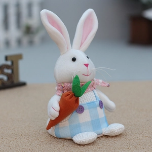 Easter glowing bunny plush doll in blue checkered dress holding a carrot ornament