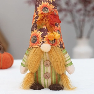 Handcrafted harvest sunflower gnome with maple leaves for autumn thanksgiving decor
