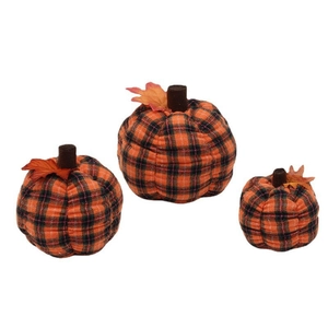 Three-piece set of orange and black plaid fabric pumpkins with maple leaf for autumn decor