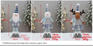 Detailed chart of telescopic Christmas plush toys with Santa, Snowman and Reindeer models