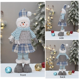 Front, side, and back views of a blue fabric Christmas snowman doll with knitting details