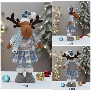 Front, side and back views of a blue fabric telescopic Christmas reindeer plush decoration
