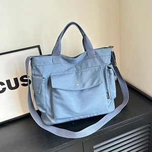 Sac Fourre-tout en Toile pour Femme Grande Capacité Style Urbain Simple Multi Poches Sac à Bandoulière pour École Bureau Quotidien
