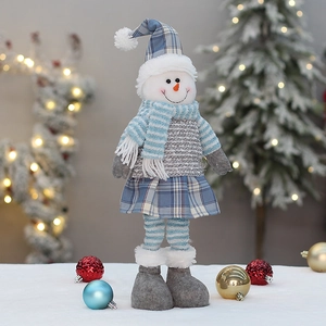 Charming blue and white plaid Christmas snowman plush with telescopic legs for home decor