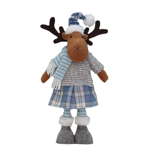 Standing Christmas elk plush doll in blue striped hat and grey knitted sweater on white background