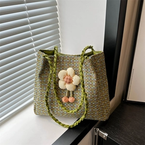 Borsa Tote in Paglia Intrecciata da Donna Con Decorazione Floreale 3D Motivo Plaid Grande Capacità Borsa a Spalla da Spiaggia