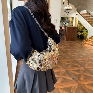 Golden sequin crescent hobo bag with silver metal chain strap for stylish summer wear