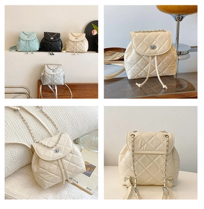 Detailed views of quilted mini backpacks with chain straps in four different colors