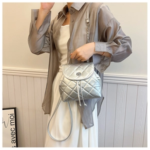 Close-up of silver quilted texture with metallic twist lock and chain strap details