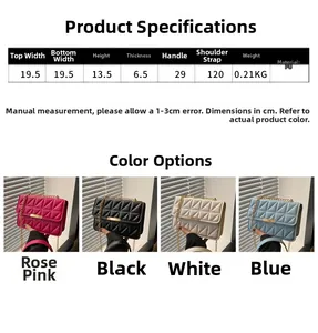 Detailed size specifications and color options for the quilted crossbody chain bag