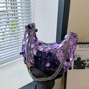 Sparkly purple sequin crescent shoulder bag with silver double chain straps