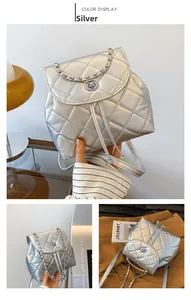Detailed views of silver quilted mini backpack with chain strap and turn-lock closure