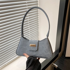 French retro style morandi blue felt baguette shoulder bag with gold metal buckle decoration