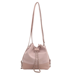 Pink drawstring bucket bag with chain strap and Fashion & Bag text for women