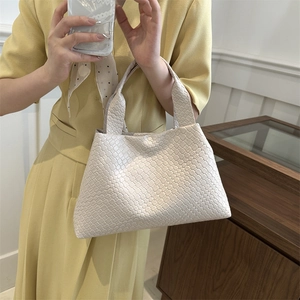 Chic woven rhombic pattern tote bag in cream white with wide braided handle